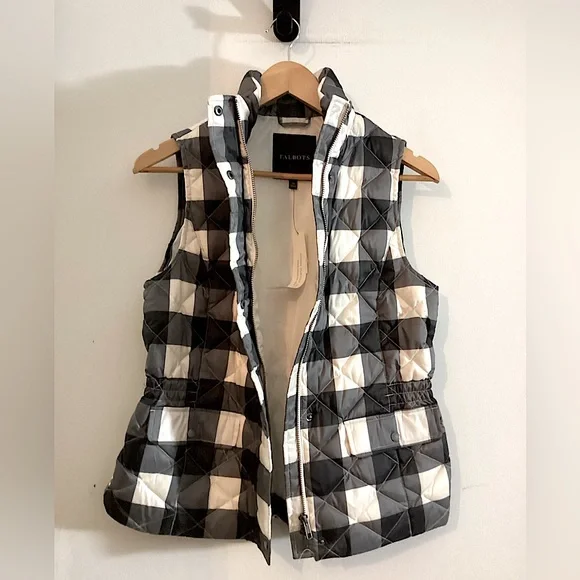 New Talbots Down Quilted Vest Black Grey White Large Buffalo Plaid Puffer XS - Picture 5 of 15